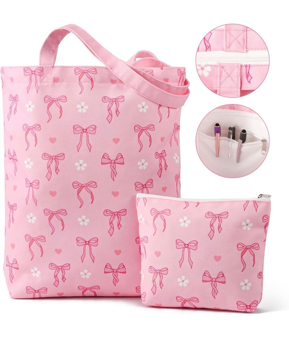 Ovveroche Pink Bow Canvas Tote Bag + Makeup Bag Coquette Pink Gift